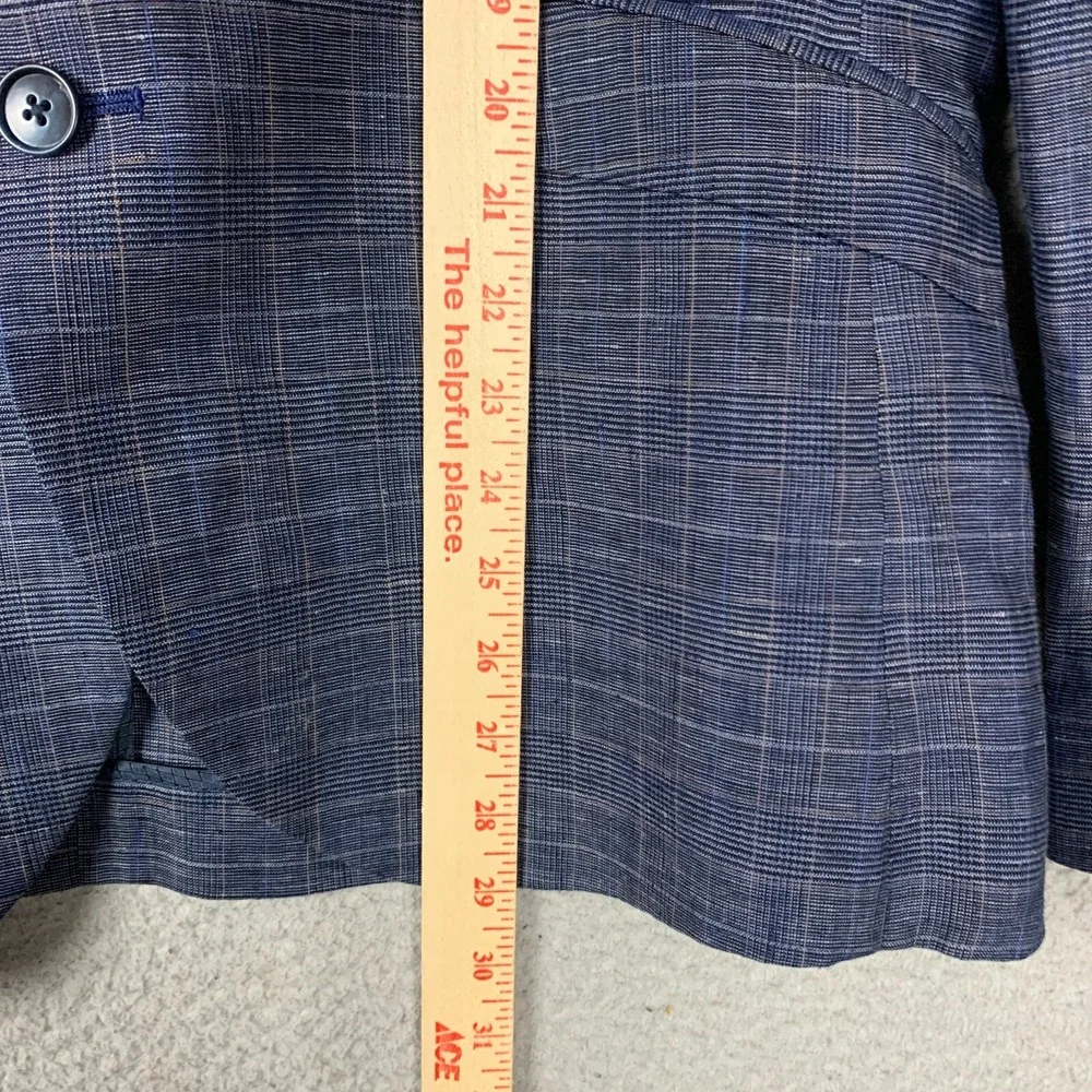 Egara Blazer 100% Linen Windowpane Plaid Navy‎ Unlined Two Button Sport Coat
